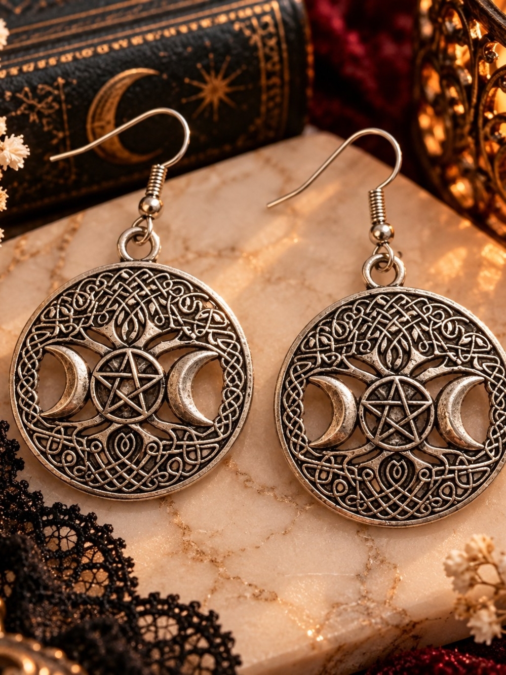 Silver Tone Metal Triple Moon Pentagram Earrings New